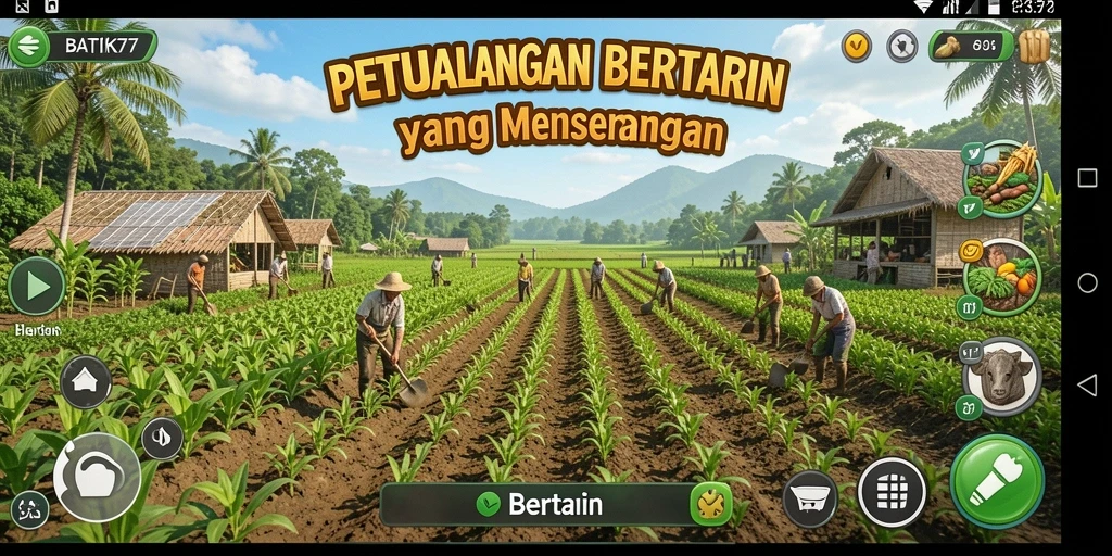 Antarmuka BATIK77 menampilkan ladang yang subur dan aktivitas bertani.