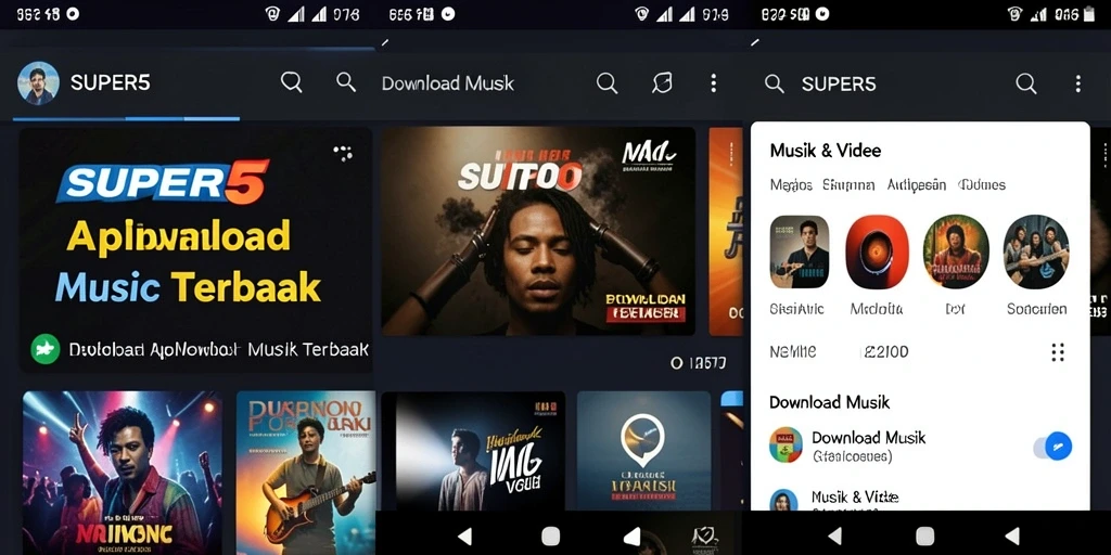 Tampilan antarmuka aplikasi SUPER5 untuk Download Musik yang intuitif dan menarik.